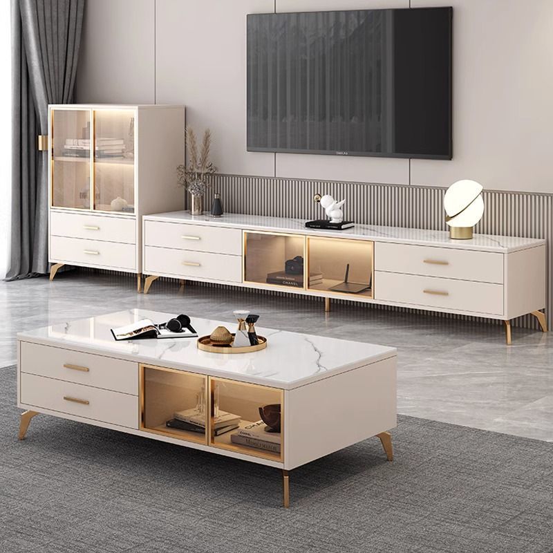 Gabinete de televisión simple y moderno estilo crema sala de estar doméstica pequeña casa tipo piso de lujo ligero gabinete de televisión mesa de té combinación