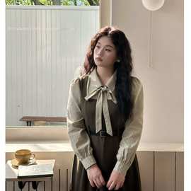 女装秋季套装微胖mm绿色学院风森系连衣裙女假两件长袖收腰遮肚大