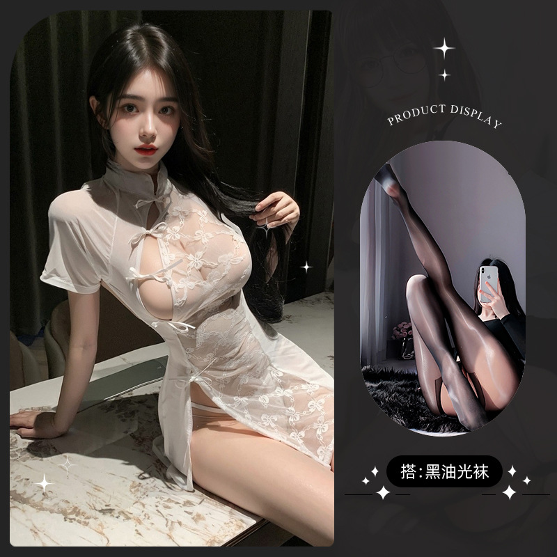 투명 치파오 + 광택 스타킹 [오픈]