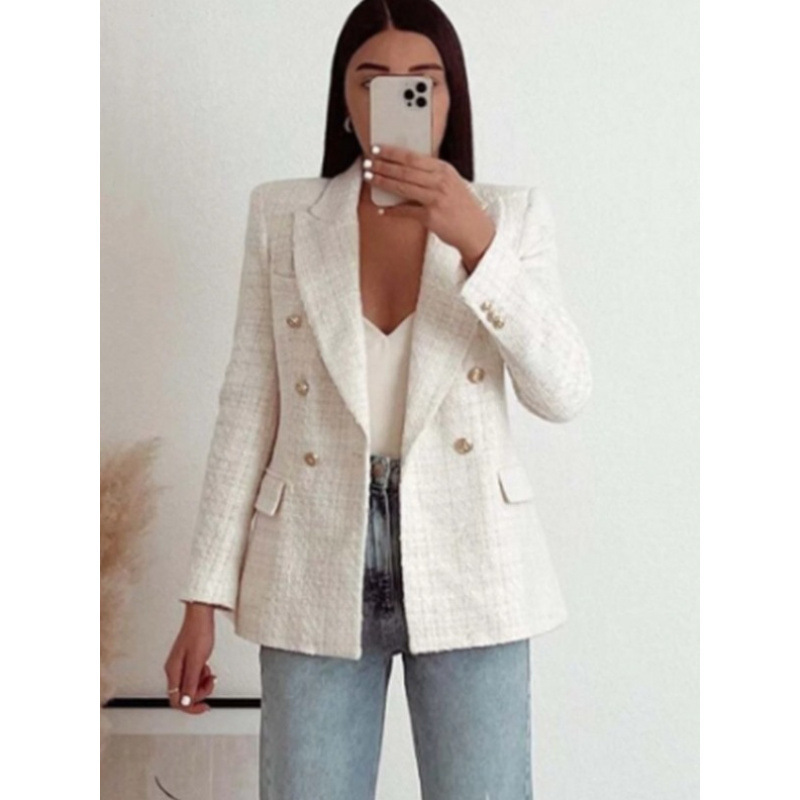 European and American Style Street Autumn and Winter Fashion Elegant New Women's Double-Breasted Mid-Length Suit Collar Jacket Suit Trend