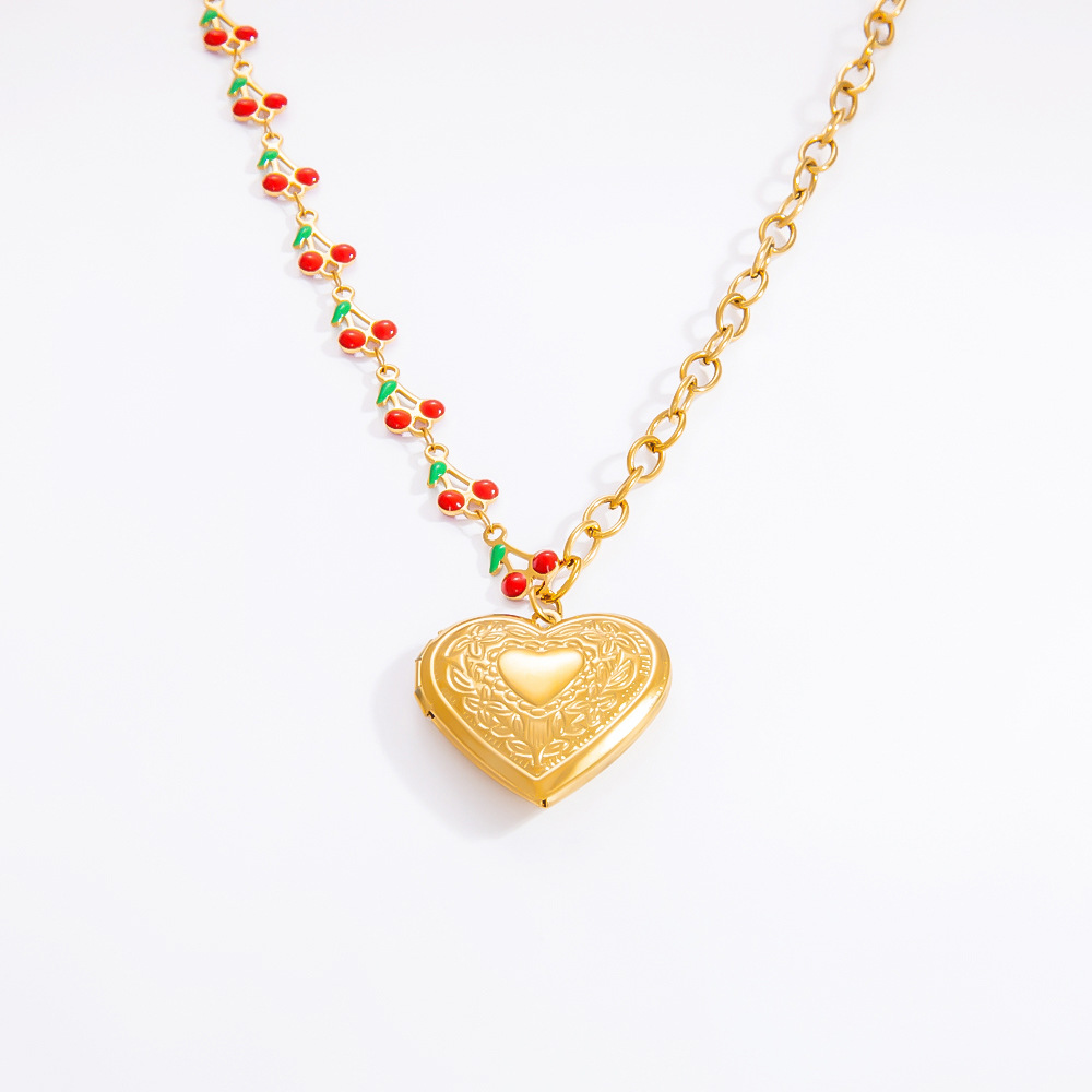 17g Weight PVD Coated Gold Plating Process 18K Gold Plated Plating Material Glass, Titanium Steel Pendant Material Pendant Necklace Classification Titanium Steel Chain Material Beaded Chain, Paperclip Chain, cable chain Chain Type 1 Piece Quantity Casual, Daily Occasion Glass, Titanium Steel Material Cherry, Heart Shape, Strawberry Pattern Women's Gender Plating Design Cute Style Gold Color Cute Cherry Heart Shape Strawberry 18K Gold Plated PVD Coated Glass Titanium Steel Beaded Chain Paperclip Chain Cable Chain Pendant Necklaces Wholesale 12