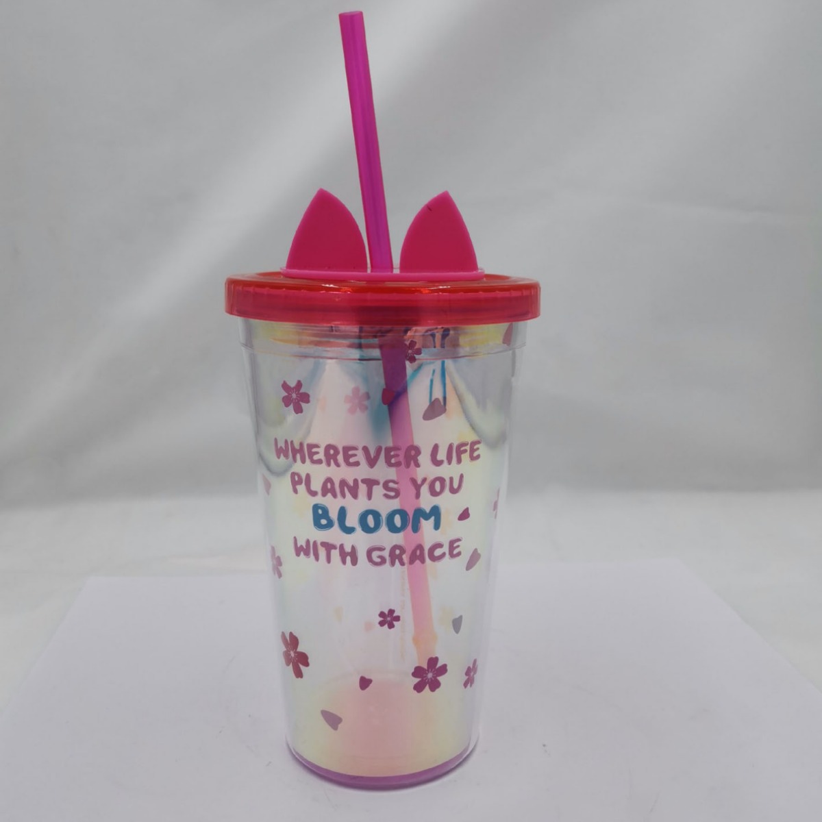 吸管杯460毫升新款兔耳猫耳朵吸管杯发光带图案LED双层带盖塑料杯