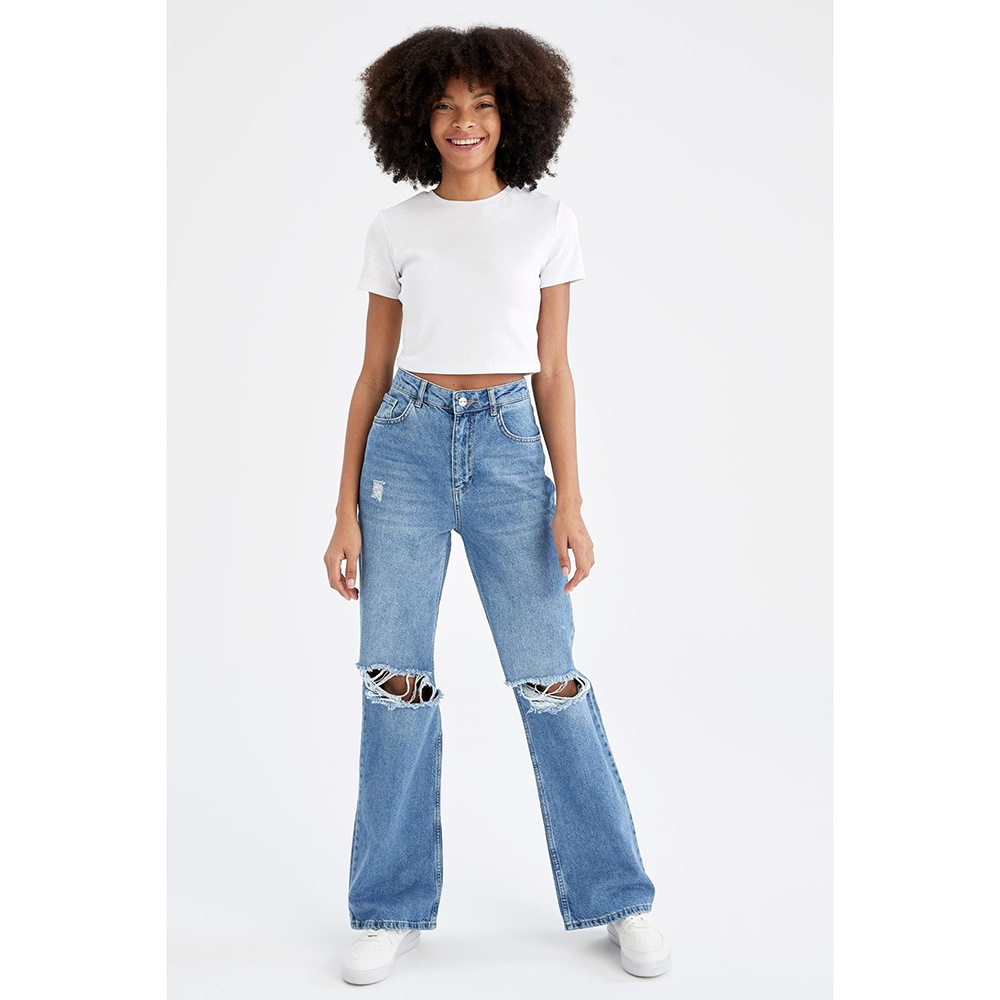 Women's Retro Ripped Wide Leg Jeans – Distressed Drape Floor-Length Denim Pants In Medium Blue, Light Blue & Black_mkmklike.com
