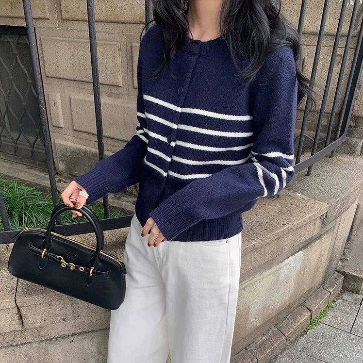 早秋新款休闲简约圆领针织开衫女装韩版撞色条纹宽松显瘦毛衣外套|undefined