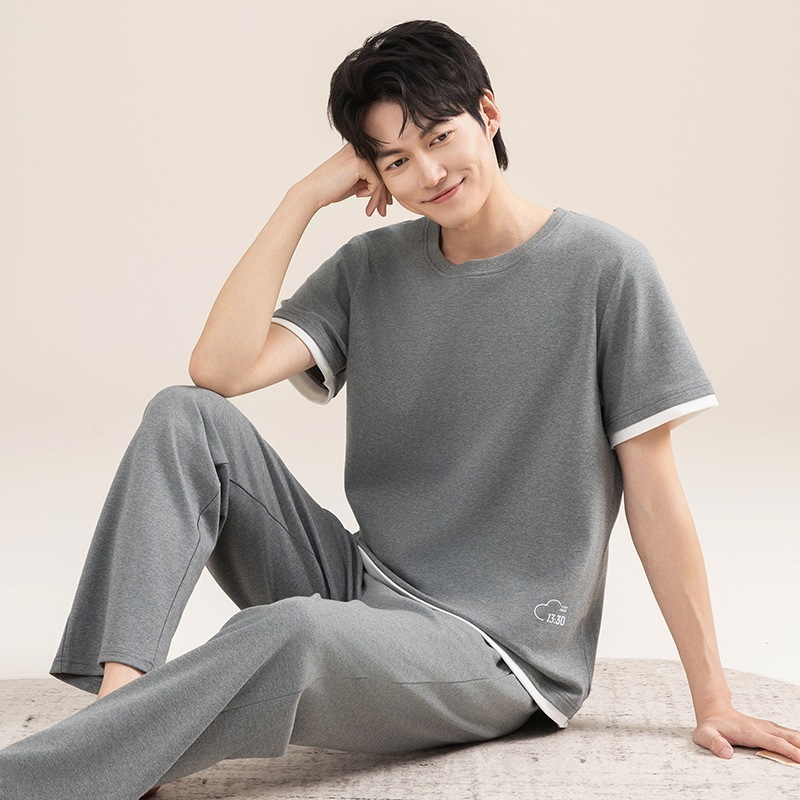 2025新型パジャマ男性夏純綿半袖長ズボンの薄いタイプのカジュアルな家庭服綿セット|undefined