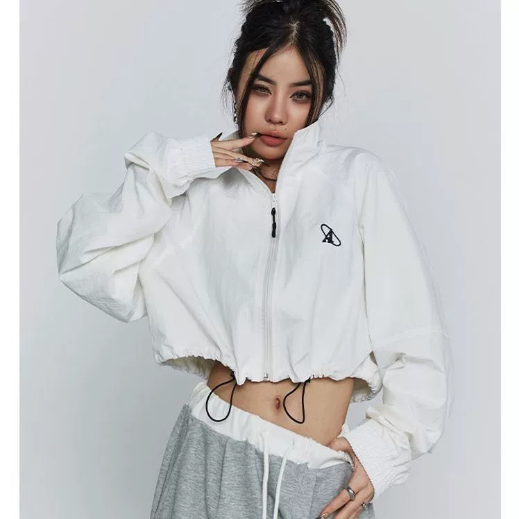 Sports jacket women, long-sleeve American style, embroidered, loose fit cropped with drawstring