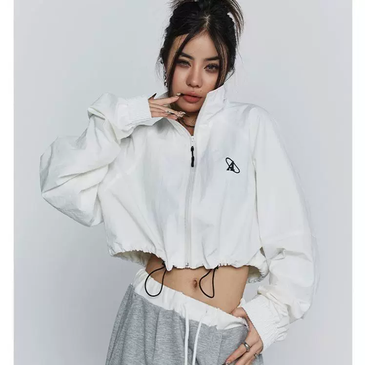 Sports jacket women, long-sleeve American style, embroidered, loose fit cropped with drawstring