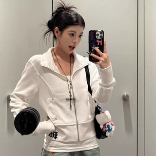 美式街头辣妹印花立领长袖卫衣秋季修身显瘦短款拉链百搭外套上衣
