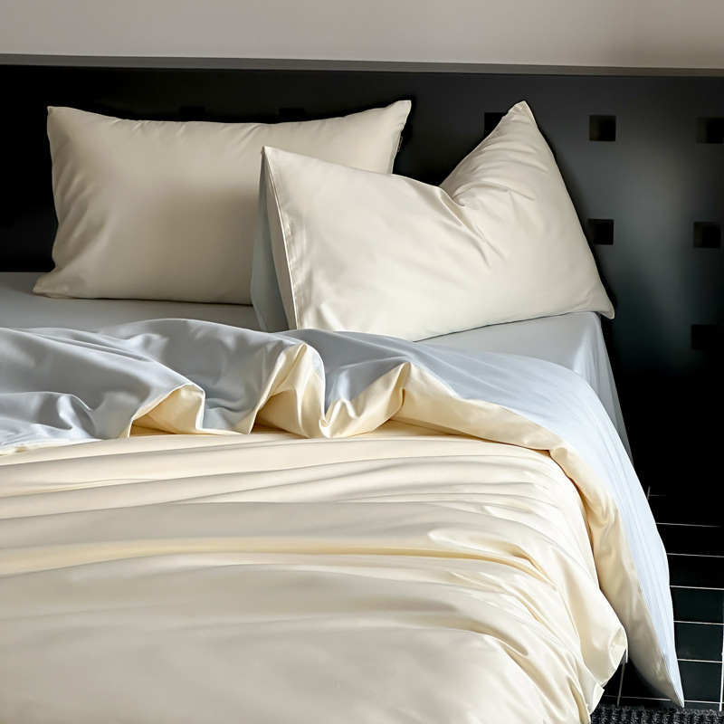 Nordic French Minimalist Retro Light Luxury Nordic 100S Satin Long-staple Four-piece Set, Simple Solid Color Pure Cotton Bed Duvet Cover, Fitted Sh_voghion.com