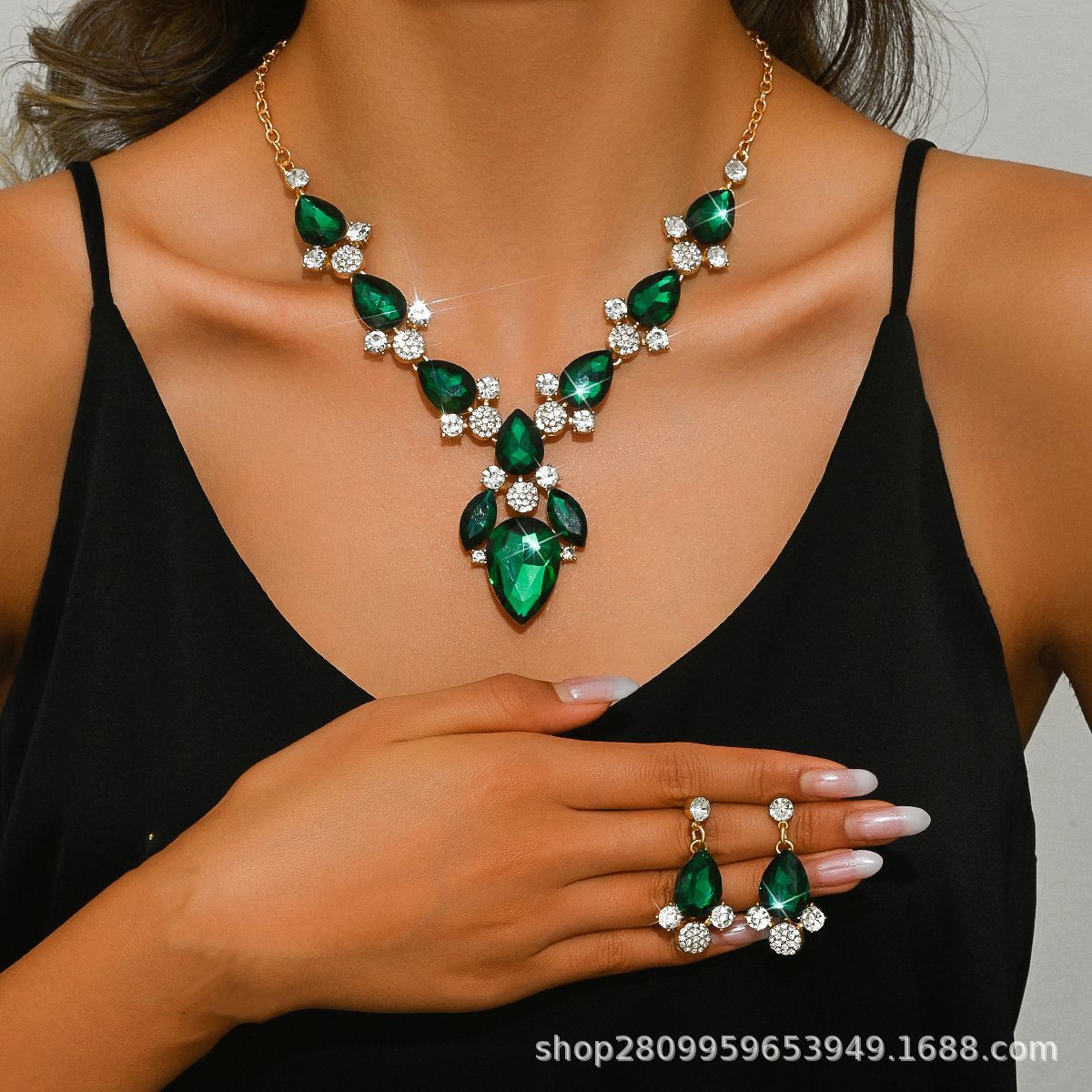 Factory supply Europe and the United States exaggerated red crystal drop necklace earrings suit bride wedding banquet 2446