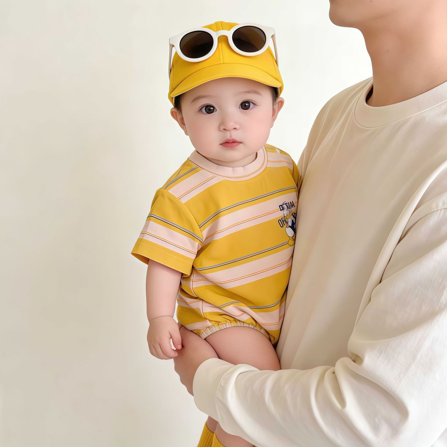 [in Stock] Korean Style Family Matching Outfits 2026 Summer New Striped T-Shirts for a Family of Three Short Sleeve Stylish Donald Duck Design