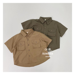 Tea style outfit~Korean style boys' lapel shirt summer new style three-dimensional accordion pocket short-sleeved shirt for small and medium-sized children