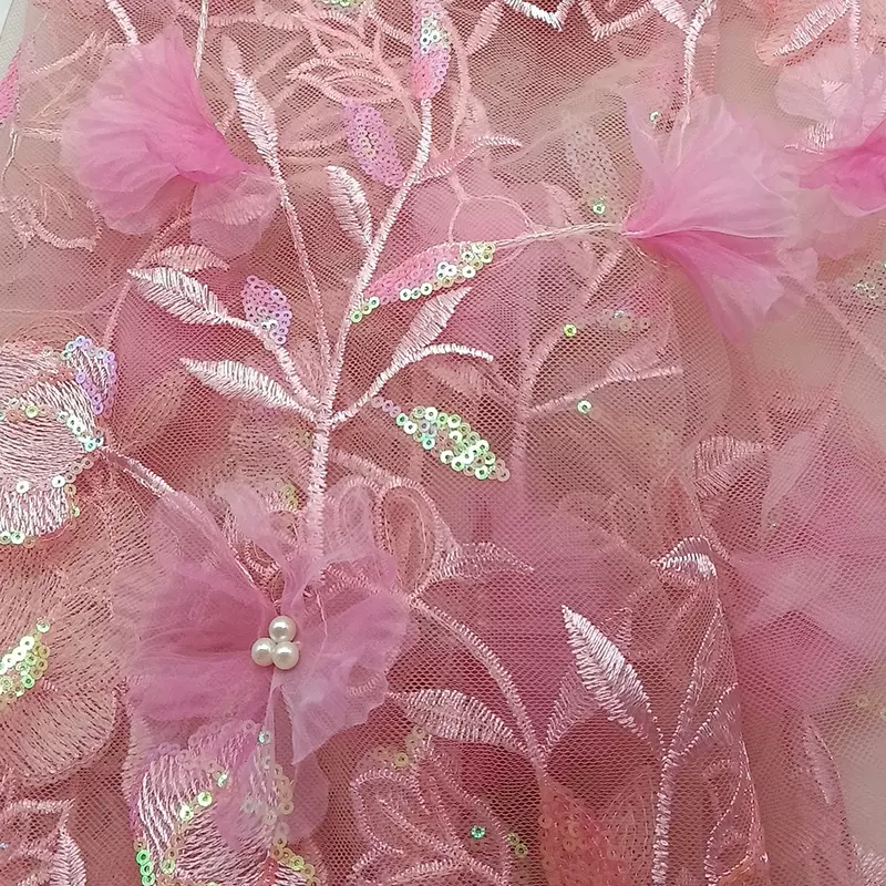 【定制】 平绣订花钉珠亮片绣花布 舞台服儿童连衣裙礼服绣花面料