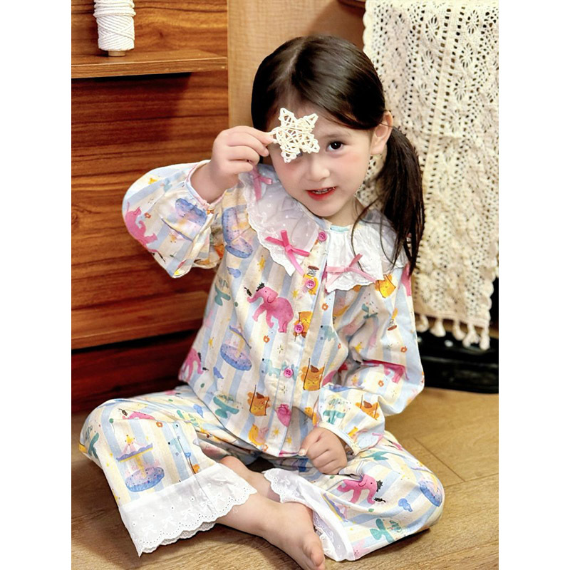 Children's Clothing Girls Sweet and Cute Home Clothes Set Autum Kidsren's Baby Long-Sleeved Pants Contrasting Lace Pajamas