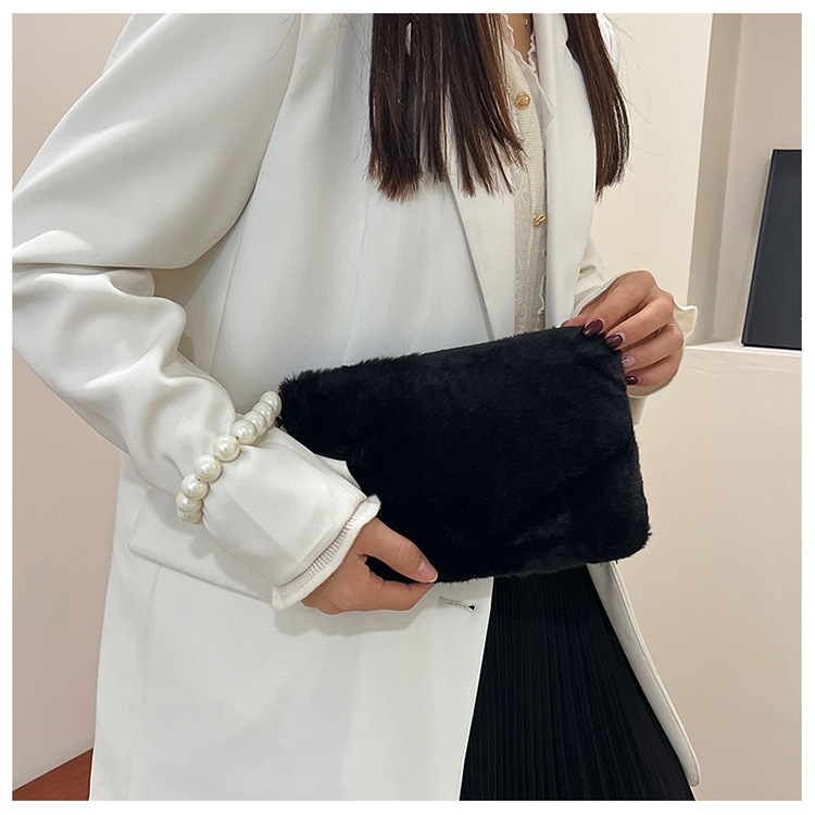 135g Weight Synthetic Leather Lining Material Pearls, Sewing Thread Fashion Element Zipper Closure Type Top Handle Strap Type Handbag Bags Type Casual, Shopping Occasion Plush Material Solid Color Pattern Winter Season Women's Gender Elegant Style Square Shape Women's Plush Solid Color Elegant Pearls Sewing Thread Square Zipper Handbag 10