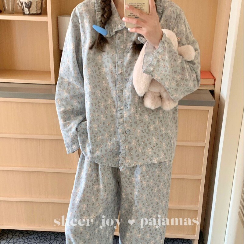 Korean Style Ins New Nightdress Cotton Double-layer Yarn Pastoral Style Home Clothes Jasmine Green Tea Series Building Blocks Bear Blue