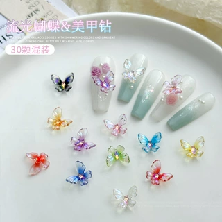 冰透蝴蝶美甲饰品30颗混装彩色流光立体蝴蝶树脂指甲配饰网红爆款