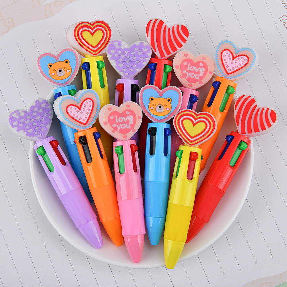 Cross-border encantador dibujos animados bolígrafo de cuatro colores creativo regalo de San Valentín bolígrafo multicolor en forma de corazón bolígrafo de amor al por mayor