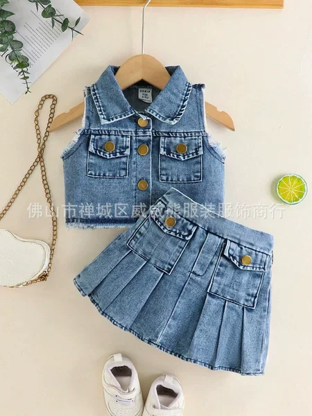 Girls' Fashionable Denim Two-Piece Set 2025 Summer New Little Girl Sleeveless Vest Pleated Skirt Two-Piece Set
