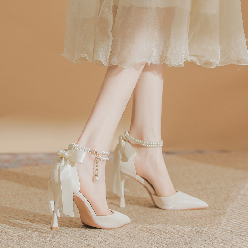 Bridal Shoes Wedding Shoes Sweet High Heels Princess Shoes Female Adult Pointed Toe Stiletto Heel Single-layer Shoes with Skirt French Sandals