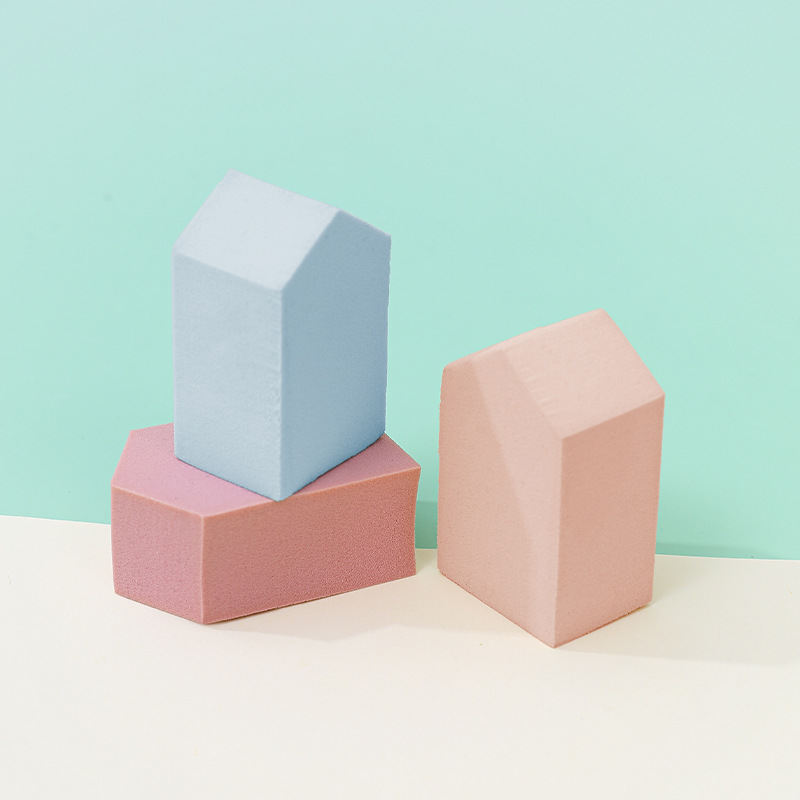 Transfronteriza personalizada pequeña casa en polvo tipo sala trapezoidal esponja de maquillaje huevo super suave polvo de cojín de aire seco y húmedo