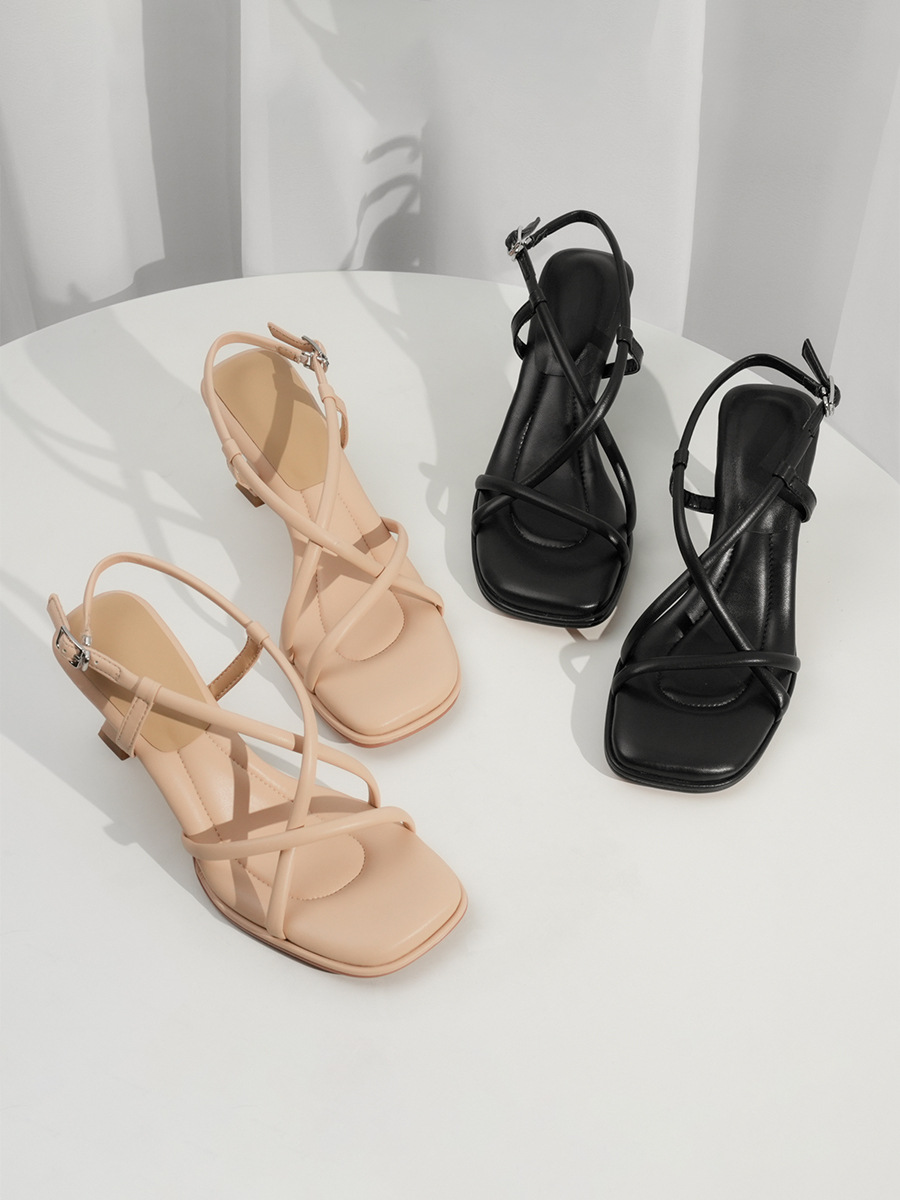 Elegant Square-toed Cross-strap Sandals Women's High Heels_voghion.com