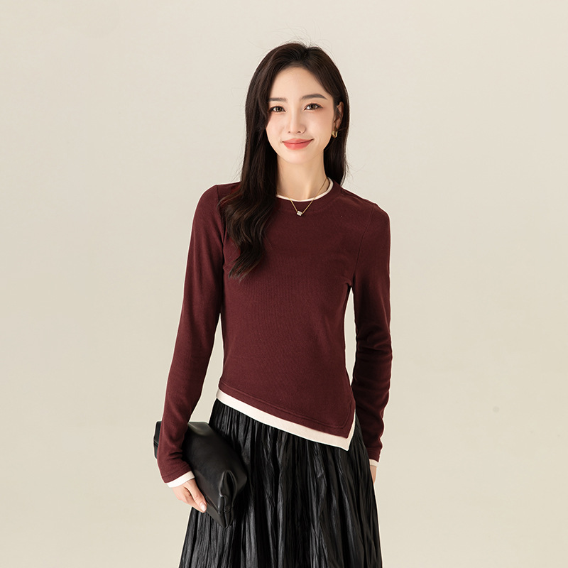 Xinge Ankora Red Round Neck Bottoming Shirt for Women Early Autumn 2025 New Asymmetrical T-Shirt Small Top