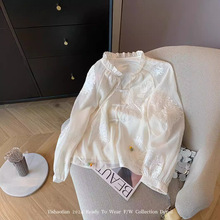 玉白色新中式刺绣木耳领系带衬衫2024女春季国风高端雪纺盘扣衬衣