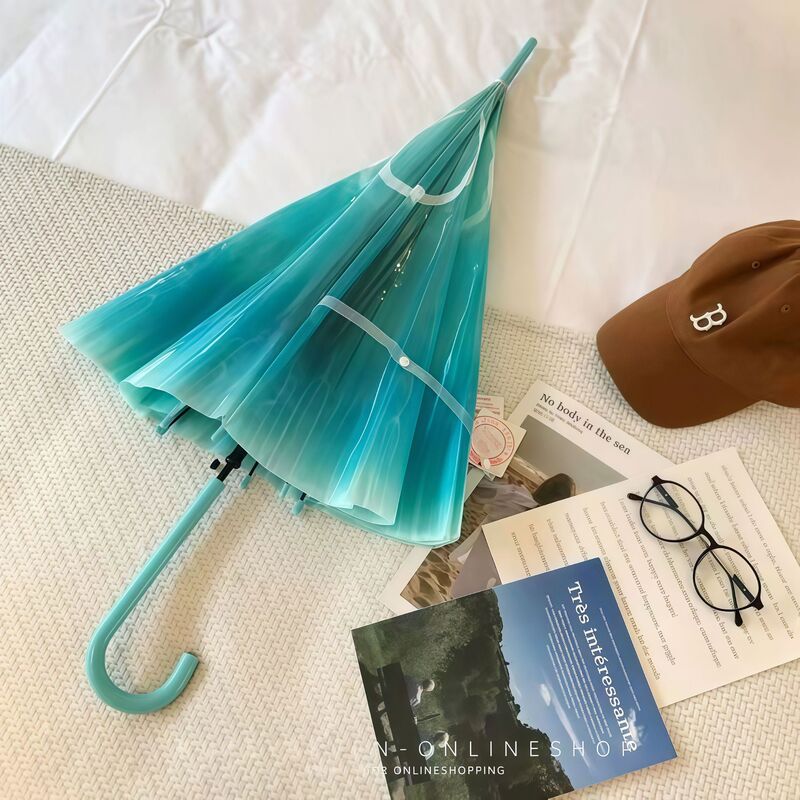 Fashionable Romantic Sea Moon Jellyfish Umbrella Transparent Umbrella Gradient Aqua Blue Curved Hook Straight Handle Umbrella Waterproof Umbrella Photo Props