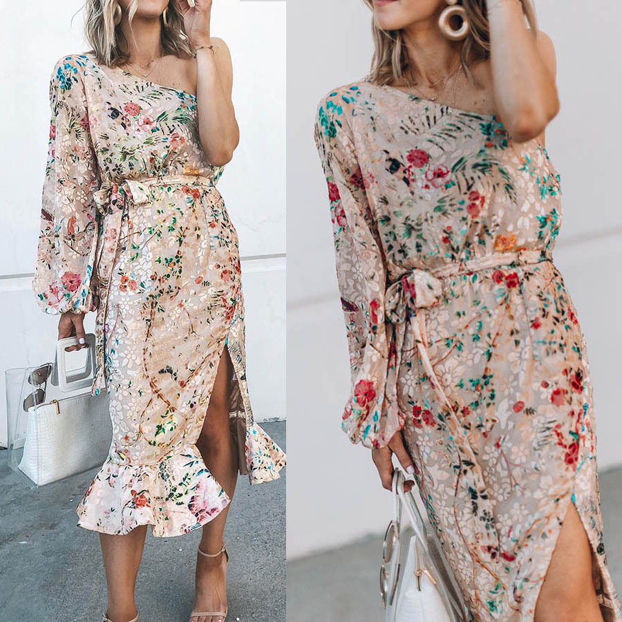 printed slanted shoulder loose slit dress NSOYL117965