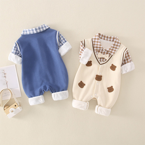 Baby clothes Spring clothes Newborn boy onesie Gentleman double-layer full moon 100th day birthday crawling suit