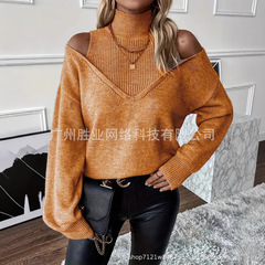 欧美跨境外贸高领秋冬毛衣时尚优雅长袖撞色毛衣露肩设计罗纹袖口