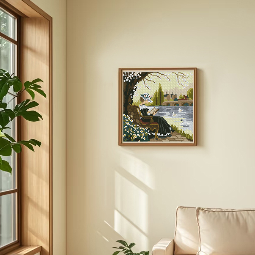 Nuevo estilo transfronterizo, punto de cruz estilo ins, lectura tranquila junto al lago, punto de cruz, bordado a mano, pintura de decoración de sala de estar image 2