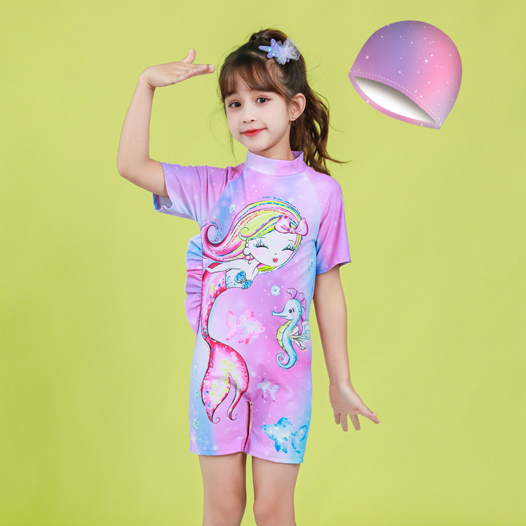 Traje de baño de una pieza para niñas, estilo caricatura, manga corta, pantalones cortos, traje de baño conservador con diseño patentado.