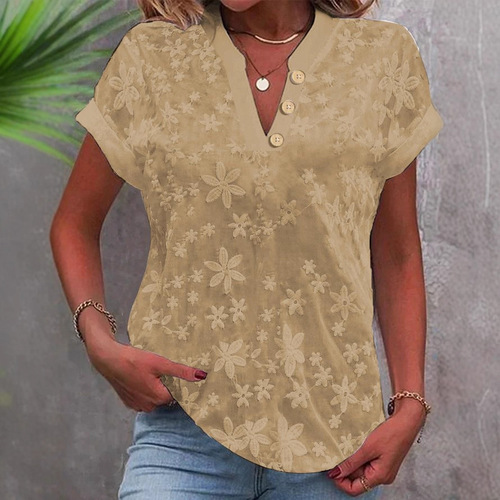 Women's V-neck Short Sleeve Plain Color Simple and Casual Summer Shirt for Independent Stations on Wish and Amazon in 2024