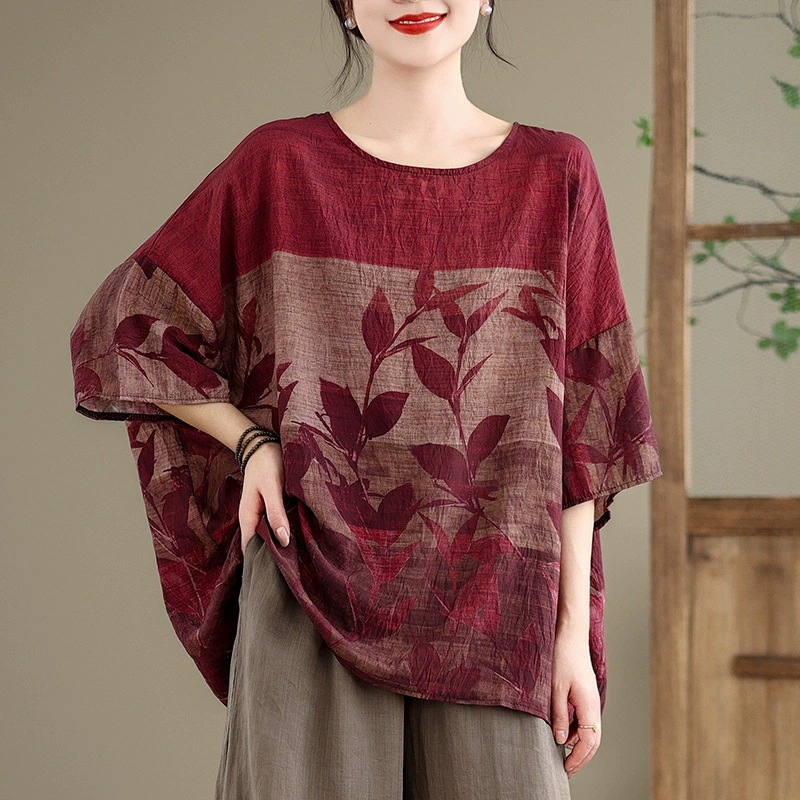 На самом деле 2024 новый летний хлопок конопли национальный ветер летучая мышь рукава 91748 # свободная большая женская футболка с круглым вырезом женский