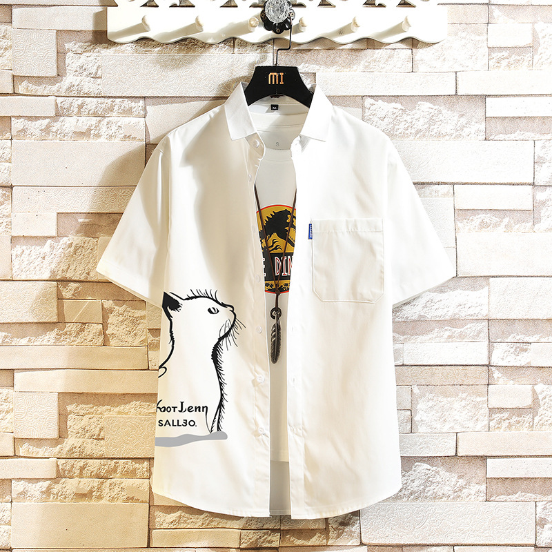 25 New Summer Men's Short-Sleeved Shirts, Trendy Brand Fashion Stylish Cartoon Cat Print Large Size Casual Shirts for Men