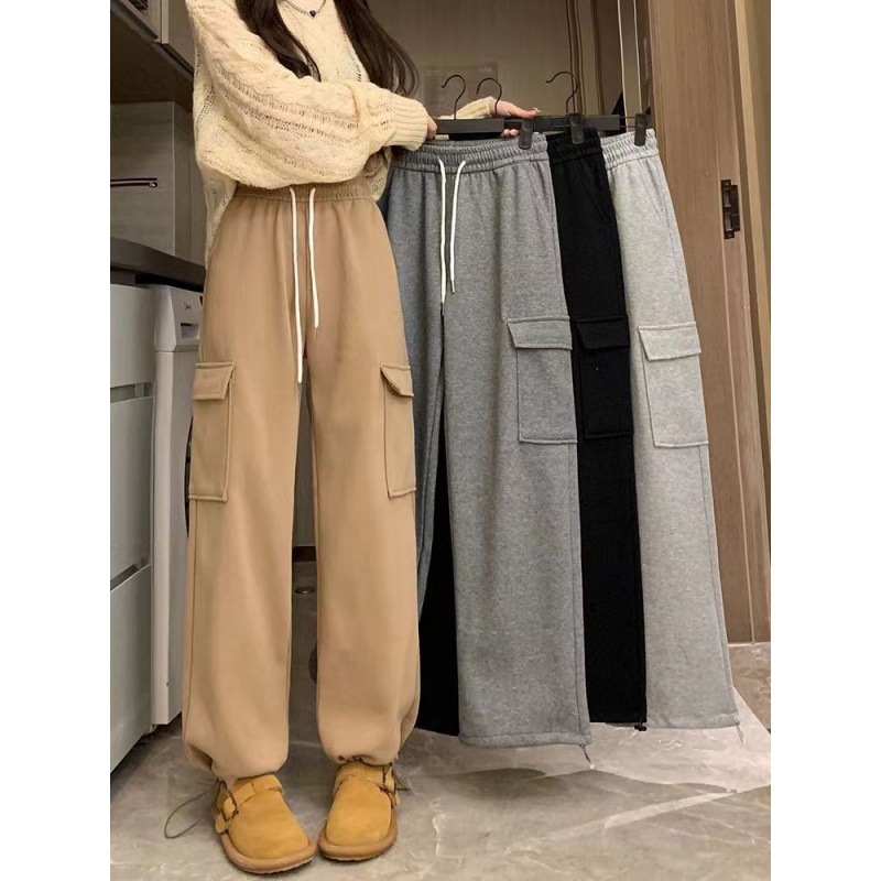 Pantalones cargo casuales de cintura alta para mujer, nuevo estilo de otoño, estilo retro americano, largos hasta el suelo, pantalones anchos de pierna recta que estilizan.