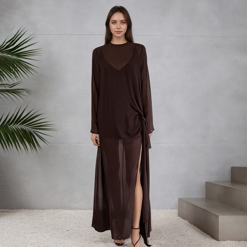 2026 Spring/Summer New Cross-Border Style Sexy Brown Dress for Women, See-Through Tie-Up Round Neck Long Sleeve Long Dress with Slit and Sheer Skirt