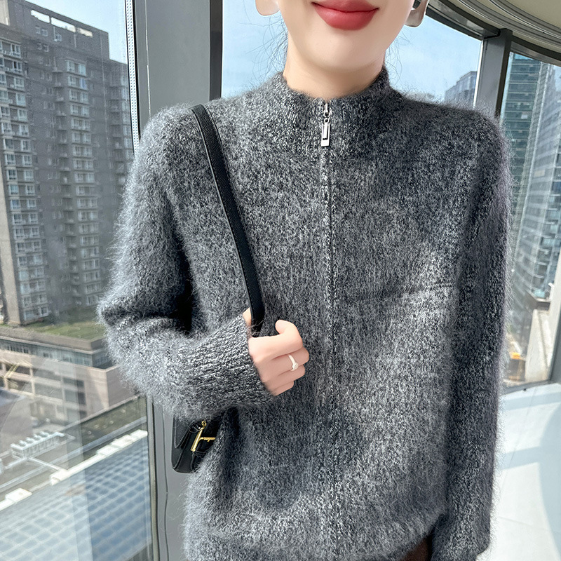 2025 New Autumn and Winter Pure Mink Velvet Floral Yarn Half Turtleneck Knitted Cardigan Zipper Soft Waxy Warm Top Jacket for Women