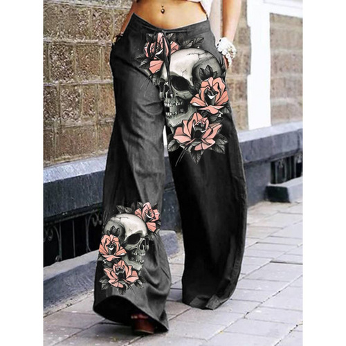 2025 Western and Eastern Halloween Skull Print Women's Casual Pants Wide Leg Pants