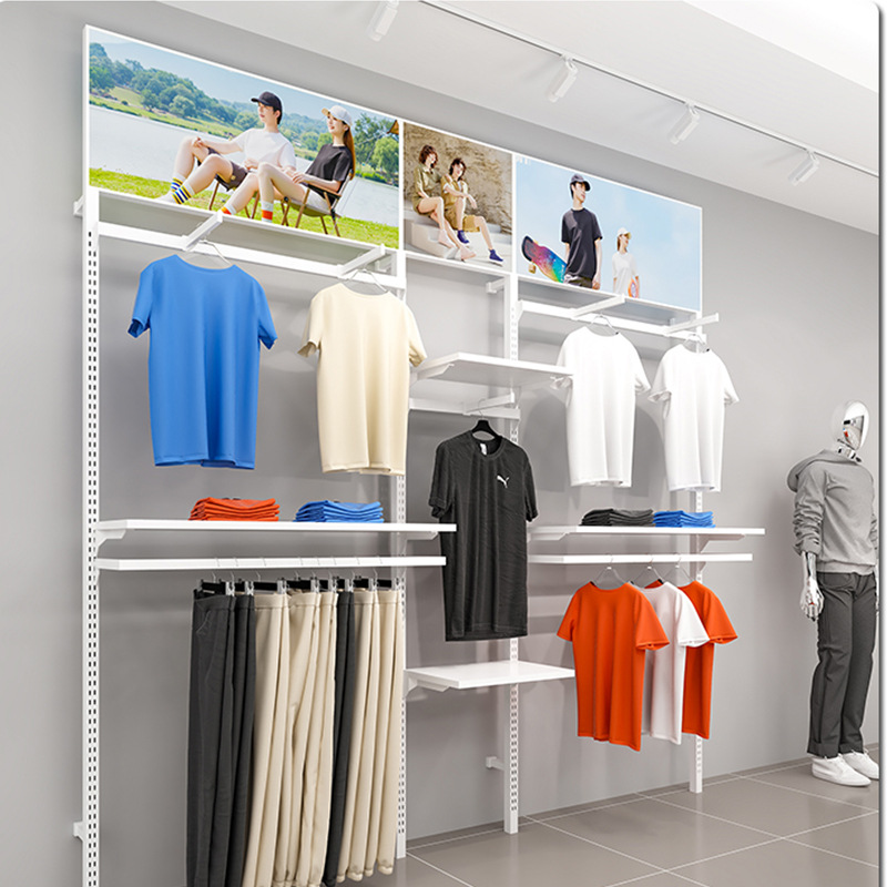 Tienda de ropa estante de exhibición colgante estante de piso estante de exhibición de pared de pared de bloqueo estante de ropa de hombre pared accesorios de exhibición