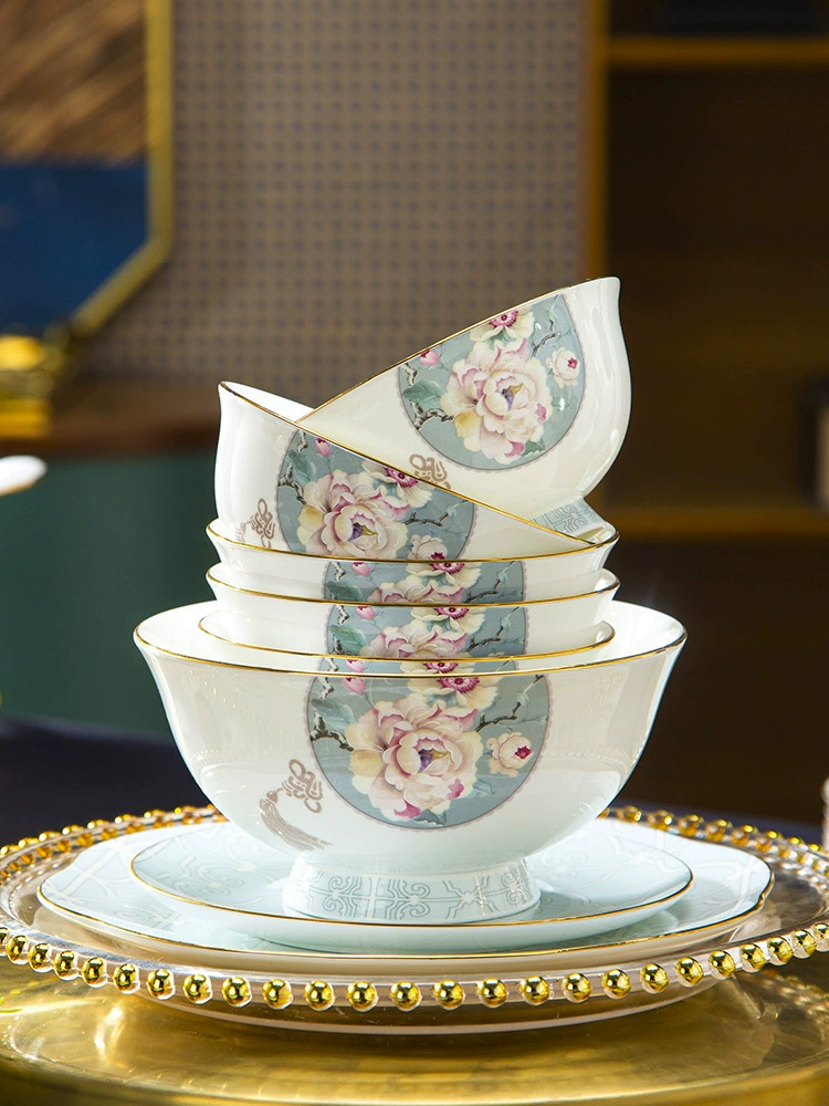 Новая посуда в китайском стиле «легкая роскошь» набор посуды Jingdezhen с керамическими костяной породы, миски и тарелки, домашняя роскошь с золотым ободком