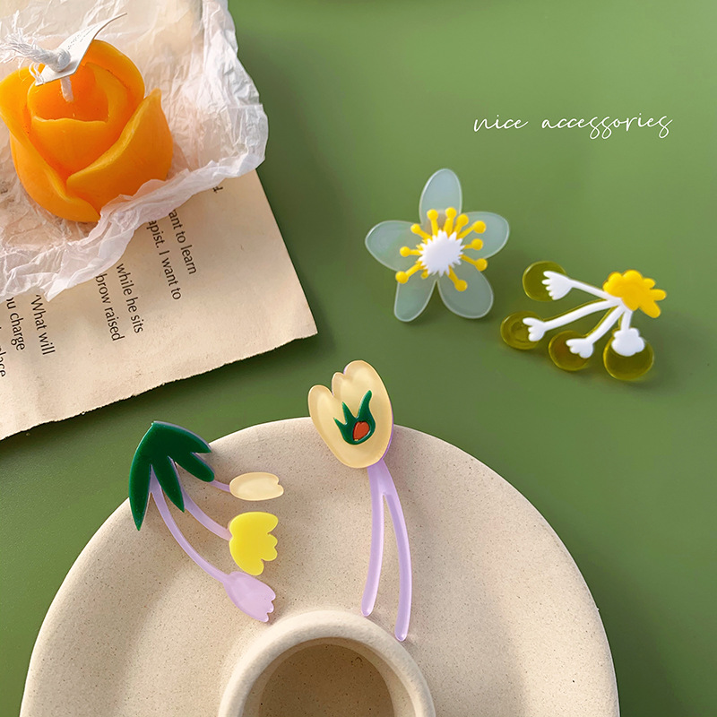 Acrylic Flower Earrings Narcissus Silver needle Ear Studs yellow Pear Earrings resin Jewelry Screw Ear clip