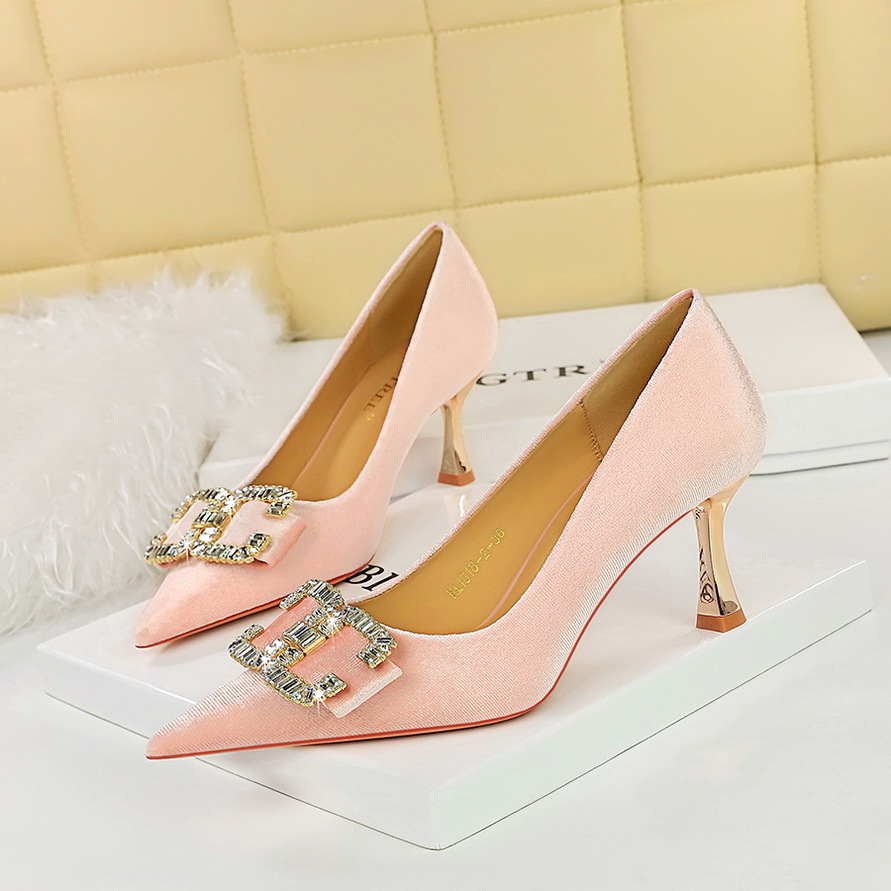 1818-K78 Banquet Light Luxury Elegant Women's High Heels Xishi Suede Shallow Mouth Pointed Toe Rhinestone Bowknot Single_vogvips.com