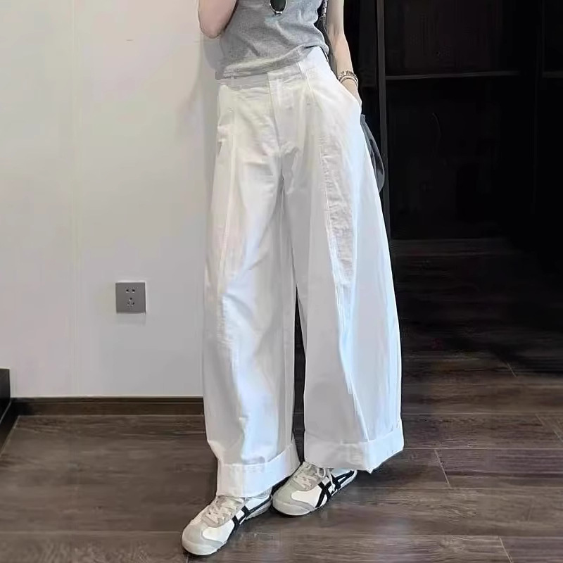 薄くてゆったりとしたファッショナブルなストレートパンツ女性用 2025 夏の新しいスタイルの怠惰でリラックスした白い作業服ワイドレッグパンツトレンディ|undefined