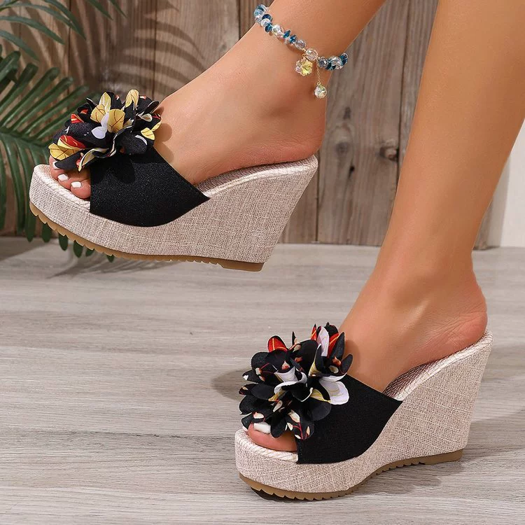 Летние платформенные цветочные кроссовки больших размеров на танкетке для женщин 2025, новые, оптовая торговля, открытые босоножки на толстой подошве с открытым носком.