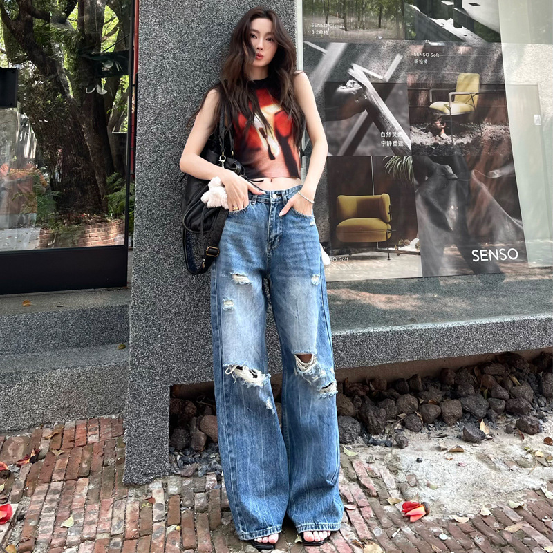 Minghai American Retro Ripped Jeans Women's Loose Washed Straight Pants Casual Floor Mopping Pants Summer New Style