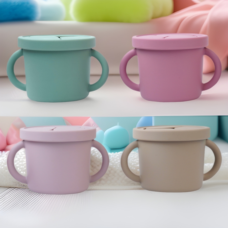 Amazon venta caliente taza para bebé taza de silicona para aprender a beber taza de bocadillos taza de pajita de aislamiento térmico para bebé taza de bocadillos a prueba de escaldaduras para bebé