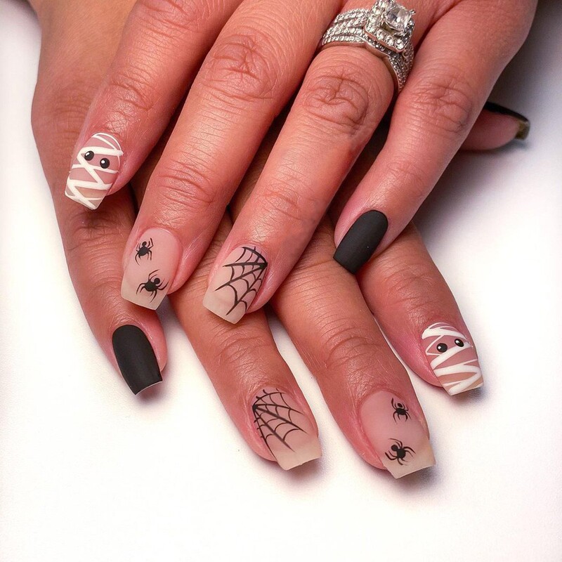 Mummy Manicure Black and White Matte Spider Web False Nails Wear Manicure Dark Black Spider Nails